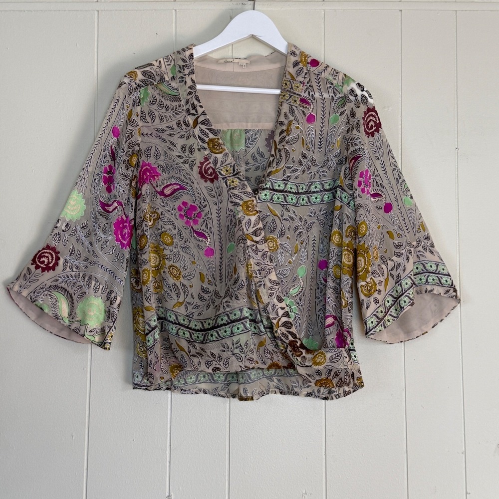 Floreat Anthropologie Silk Blend Boho Floral Velvet Burnout Wrap Blouse Size XS
